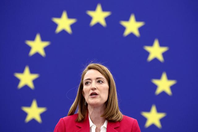 European Parliament President Roberta Metsola addresses members of the European Parliament during a plenary session on March 10, 2026, in Strasbourg, eastern France. (Photo by FREDERICK FLORIN / AFP)