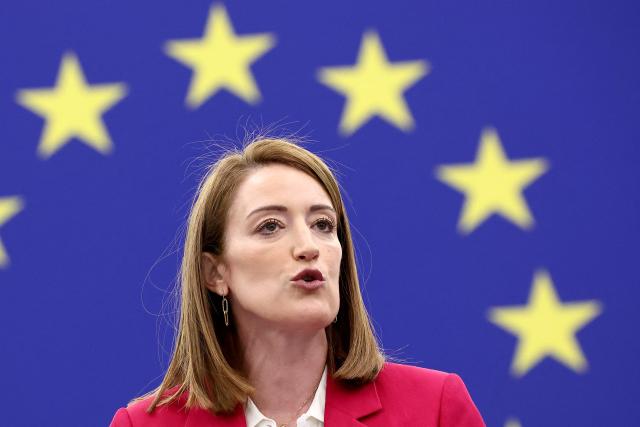 European Parliament President Roberta Metsola addresses members of the European Parliament during a plenary session on March 10, 2026, in Strasbourg, eastern France. (Photo by FREDERICK FLORIN / AFP)