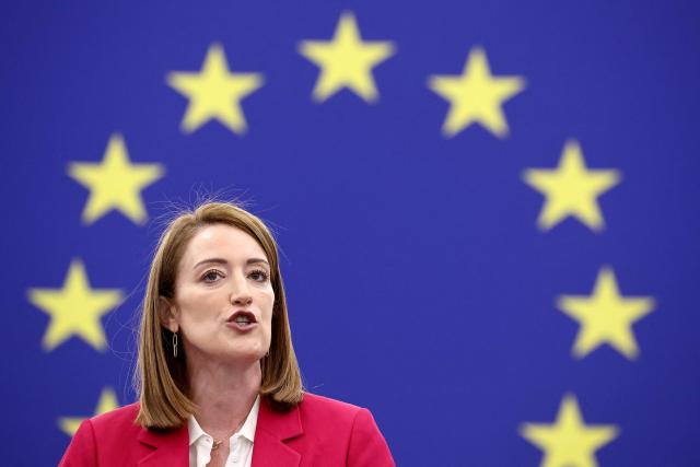 European Parliament President Roberta Metsola addresses members of the European Parliament during a plenary session on March 10, 2026, in Strasbourg, eastern France. (Photo by FREDERICK FLORIN / AFP)