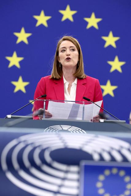 European Parliament President Roberta Metsola addresses members of the European Parliament during a plenary session on March 10, 2026, in Strasbourg, eastern France. (Photo by FREDERICK FLORIN / AFP)