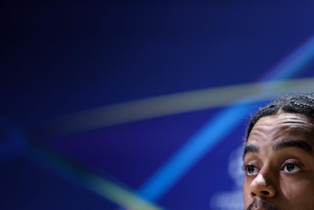 Paris Saint-Germain's French forward #29 Bradley Barcola holds a press conference at the Campus Paris Saint-Germain in Poissy, in the western outskirts of Paris, on March 10, 2026, on the eve of the UEFA Champions League last 16 first leg football match between Paris Saint-Germain and Chelsea. (Photo by FRANCK FIFE / AFP)