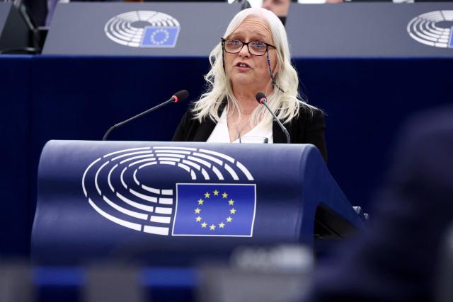 Irish activist Jackie Fox addresses members of the European Parliament as part of International Women's Day during a plenary session on March 10, 2026, in Strasbourg, eastern France. (Photo by FREDERICK FLORIN / AFP)