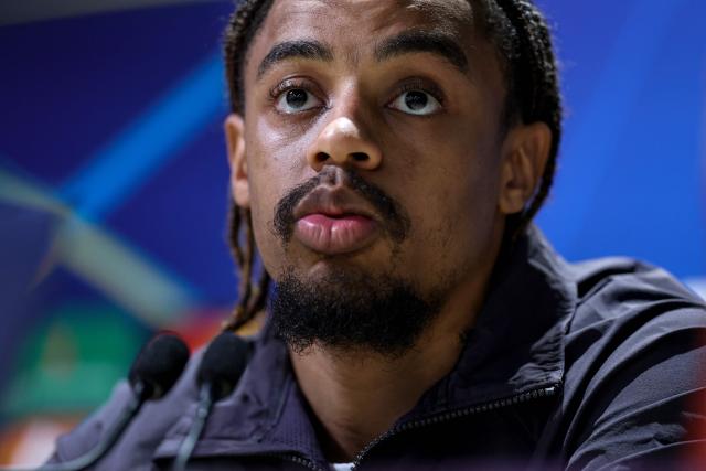 Paris Saint-Germain's French forward #29 Bradley Barcola holds a press conference at the Campus Paris Saint-Germain in Poissy, in the western outskirts of Paris, on March 10, 2026, on the eve of the UEFA Champions League last 16 first leg football match between Paris Saint-Germain and Chelsea. (Photo by FRANCK FIFE / AFP)