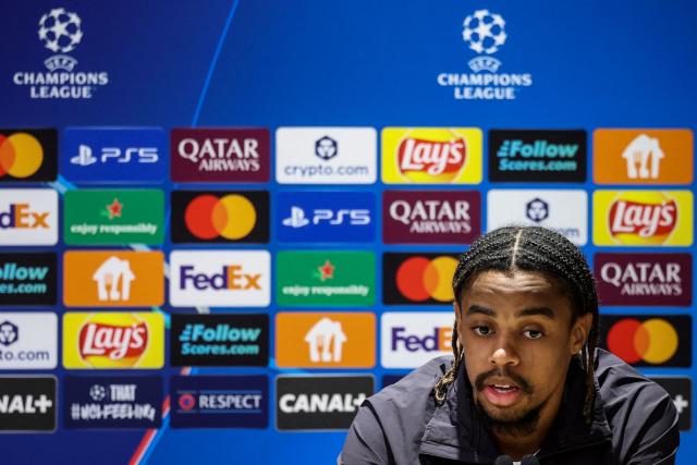 Paris Saint-Germain's French forward #29 Bradley Barcola holds a press conference at the Campus Paris Saint-Germain in Poissy, in the western outskirts of Paris, on March 10, 2026, on the eve of the UEFA Champions League last 16 first leg football match between Paris Saint-Germain and Chelsea. (Photo by FRANCK FIFE / AFP)