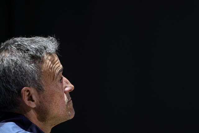 Paris Saint-Germain's Spanish head coach Luis Enrique holds a press conference at the Campus Paris Saint-Germain in Poissy, in the western outskirts of Paris, on March 10, 2026, on the eve of the UEFA Champions League last 16 first leg football match between Paris Saint-Germain and Chelsea. (Photo by FRANCK FIFE / AFP)