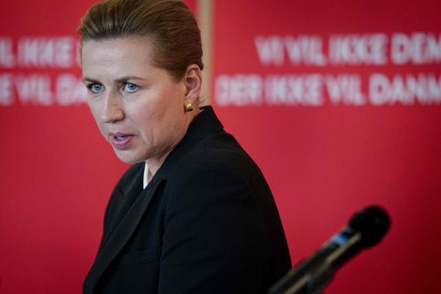 Prime Minister Mette Frederiksen presents the Social Democrats' immigration proposal in the party's meeting room at Christiansborg in Copenhagen,on March 10, 2026, as the Danish parliamentary election will be held on March 24, 2026. (Photo by Liselotte Sabroe / Ritzau Scanpix / AFP) / Denmark OUT