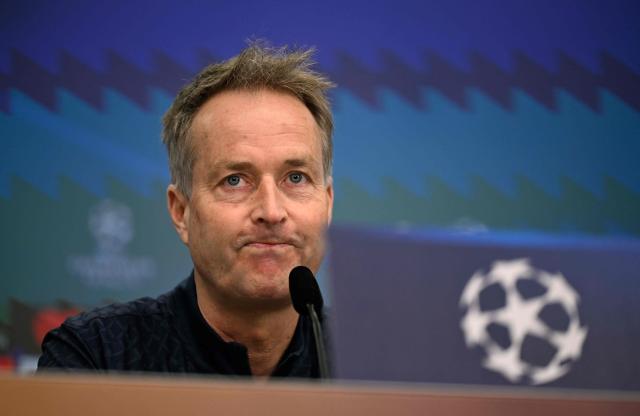 Bayer Leverkusen's Danish head coach Kasper Hjulmand attends a press conference prior to the UEFA Champions League - last 16 first leg soccer match Bayer Leverkusen (GER) v Arsenal (ENG) at BayArena in Leverkusen on March 10, 2026. (Photo by Ina FASSBENDER / AFP)