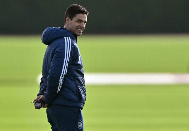 Arsenal's Spanish manager Mikel Arteta take a team training session at the Arsenal training centre in London Colney, north of London, on March 10, 2026, on the eve of their UEFA Champions League, Last 16, first-leg football match against Leverkusen in Germany. (Photo by Glyn KIRK / AFP)