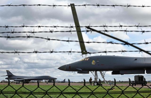 US Air Force (USAF) B-1 Lancer bomber jets stand parked on the tarmac at RAF Fairford in south-west England on March 10, 2026. Fairford is one of two bases, along with the Diego Garcia facility in the Indian Ocean, that the UK has given the US permission to use for "specific defensive operations into Iran" to destroy Iranian missiles at source, the British defence minister said in a statement. (Photo by Henry Nicholls / AFP)