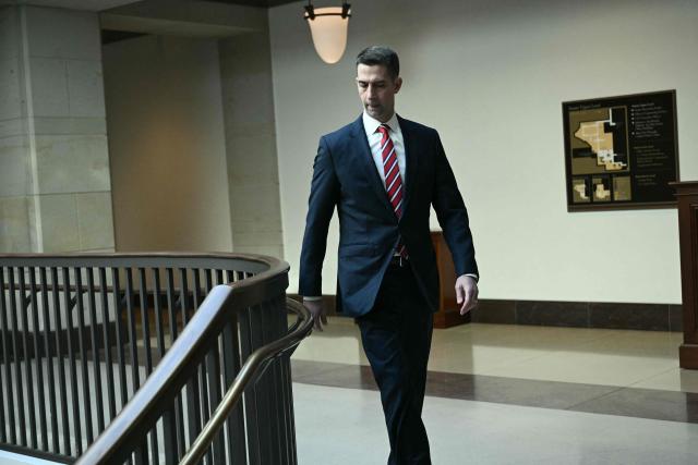 US Senator Tom Cotton, Republican from Arkansas, walks to a Senate Armed Services Committee closed briefing on Operation Epic Fury at the US Capitol in Washington, DC, on March 10, 2026. US attacks on Iran will hit a new intensity Tuesday and the war will continue as long as President Donald Trump decides, Pentagon chief Pete Hegseth said. Trump had said the previous day that the war could end "very soon," but remained vague. (Photo by Brendan SMIALOWSKI / AFP)