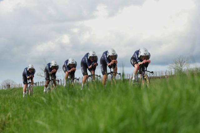 Pinarello-Q36.5 Pro Cycling Team's riders compete during the 3rd stage of the Paris-Nice cycling race, 23.5 km team time-trial between Cosne-Cours-sur-Loire and Pouilly-sur-Loire, on March 10, 2026. (Photo by Anne-Christine POUJOULAT / AFP)