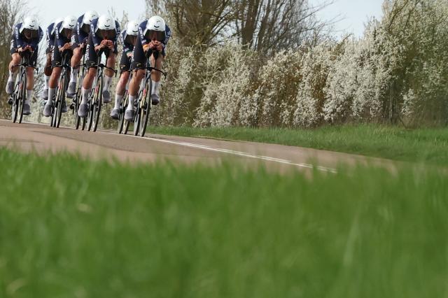 Pinarello-Q36.5 Pro Cycling Team's riders compete during the 3rd stage of the Paris-Nice cycling race, 23.5 km team time-trial between Cosne-Cours-sur-Loire and Pouilly-sur-Loire, on March 10, 2026. (Photo by Anne-Christine POUJOULAT / AFP)