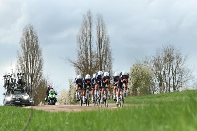 Pinarello-Q36.5 Pro Cycling Team's riders compete during the 3rd stage of the Paris-Nice cycling race, 23.5 km team time-trial between Cosne-Cours-sur-Loire and Pouilly-sur-Loire, on March 10, 2026. (Photo by Anne-Christine POUJOULAT / AFP)