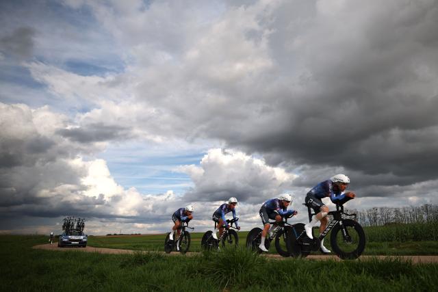 Alpecin-Premier Tech's riders compete during the 3rd stage of the Paris-Nice cycling race, 23.5 km team time-trial between Cosne-Cours-sur-Loire and Pouilly-sur-Loire, on March 10, 2026. (Photo by Anne-Christine POUJOULAT / AFP)