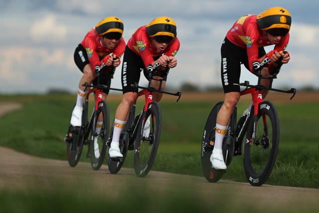 Uno-X Mobility's riders compete during the 3rd stage of the Paris-Nice cycling race, 23.5 km team time-trial between Cosne-Cours-sur-Loire and Pouilly-sur-Loire, on March 10, 2026. (Photo by Anne-Christine POUJOULAT / AFP)