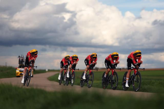Uno-X Mobility's riders compete during the 3rd stage of the Paris-Nice cycling race, 23.5 km team time-trial between Cosne-Cours-sur-Loire and Pouilly-sur-Loire, on March 10, 2026. (Photo by Anne-Christine POUJOULAT / AFP)