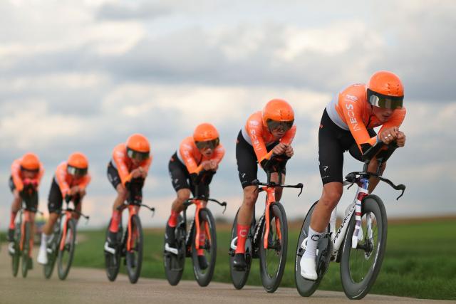 Ineos Grenadiers' riders compete during the 3rd stage of the Paris-Nice cycling race, 23.5 km team time-trial between Cosne-Cours-sur-Loire and Pouilly-sur-Loire, on March 10, 2026. (Photo by Anne-Christine POUJOULAT / AFP)