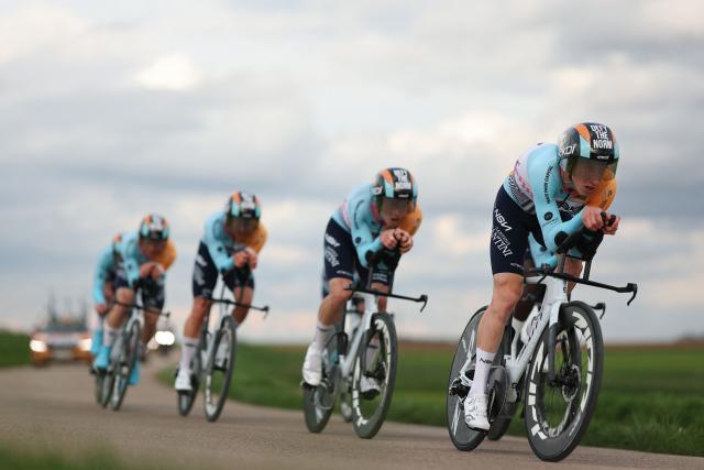 NSN Cycling Team's riders compete during the 3rd stage of the Paris-Nice cycling race, 23.5 km team time-trial between Cosne-Cours-sur-Loire and Pouilly-sur-Loire, on March 10, 2026. (Photo by Anne-Christine POUJOULAT / AFP)
