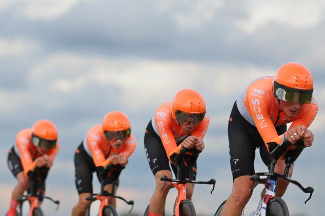 Ineos Grenadiers' riders compete during the 3rd stage of the Paris-Nice cycling race, 23.5 km team time-trial between Cosne-Cours-sur-Loire and Pouilly-sur-Loire, on March 10, 2026. (Photo by Anne-Christine POUJOULAT / AFP)