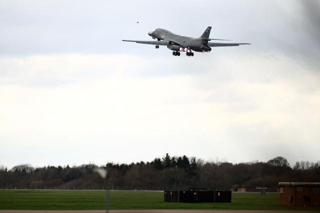 A US Air Force B-1 Lancer bomber takes off from RAF Fairford in south-west England on March 10, 2026. Fairford is one of two bases, along with the Diego Garcia facility in the Indian Ocean, that the UK has given the US permission to use for "specific defensive operations into Iran" to destroy Iranian missiles at source, the British defence minister said in a statement. (Photo by Henry NICHOLLS / AFP)