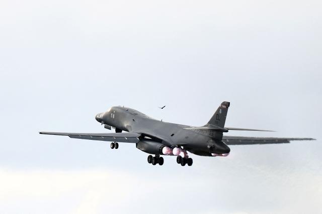 A US Air Force B-1 Lancer bomber takes off from RAF Fairford in south-west England on March 10, 2026. Fairford is one of two bases, along with the Diego Garcia facility in the Indian Ocean, that the UK has given the US permission to use for "specific defensive operations into Iran" to destroy Iranian missiles at source, the British defence minister said in a statement. (Photo by Henry NICHOLLS / AFP)