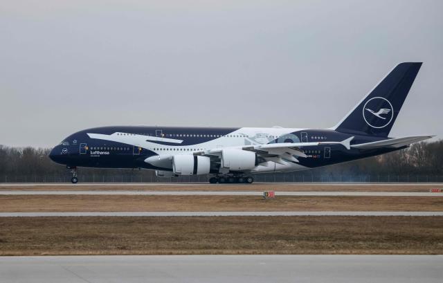(FILES) A Lufthansa Airbus A380, re-painted to mark the 100th anniversay of the airline, lands at the airport in Munich, southern Germany, on February 25, 2026. Pilots for German airline Lufthansa will go on strike on March 12, 2026 and March 13, 2026 over a pensions dispute, the Vereinigung Cockpit union said in a statement.
Flights to several key Middle East destinations will be excluded from the industrial action "in light of the current situation" in the region, the union said. (Photo by Michaela STACHE / AFP)