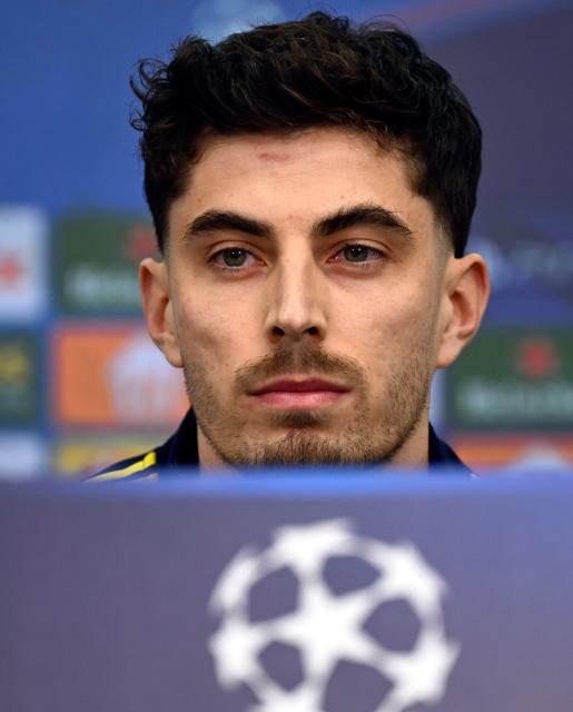 Arsenal's German midfielder #29 Kai Havertz addresses a press conference on the eve of the UEFA Champions League, Last 16, first-leg football match Bayer 04 Leverkusen vs Arsenal in Leverkusen, western Germany, on March 10, 2026. (Photo by Ina FASSBENDER / AFP)
