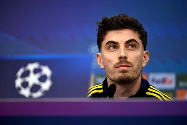 Arsenal's German midfielder #29 Kai Havertz addresses a press conference on the eve of the UEFA Champions League, Last 16, first-leg football match Bayer 04 Leverkusen vs Arsenal in Leverkusen, western Germany, on March 10, 2026. (Photo by Ina FASSBENDER / AFP)