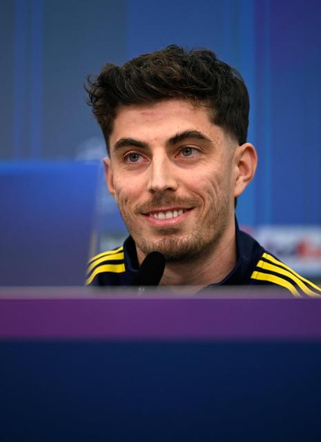 Arsenal's German midfielder #29 Kai Havertz addresses a press conference on the eve of the UEFA Champions League, Last 16, first-leg football match Bayer 04 Leverkusen vs Arsenal in Leverkusen, western Germany, on March 10, 2026. (Photo by Ina FASSBENDER / AFP)