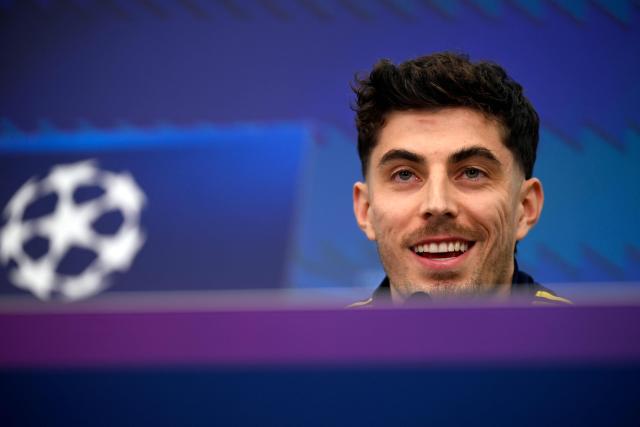 Arsenal's German midfielder #29 Kai Havertz addresses a press conference on the eve of the UEFA Champions League, Last 16, first-leg football match Bayer 04 Leverkusen vs Arsenal in Leverkusen, western Germany, on March 10, 2026. (Photo by Ina FASSBENDER / AFP)