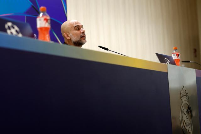 Manchester City's Spanish coach Josep Guardiola gives a press conference on the eve of their UEFA Champions League football match against Real Madrid CF at Santiago Bernabeu Stadium in Madrid on March 10, 2026. (Photo by Oscar DEL POZO / AFP)