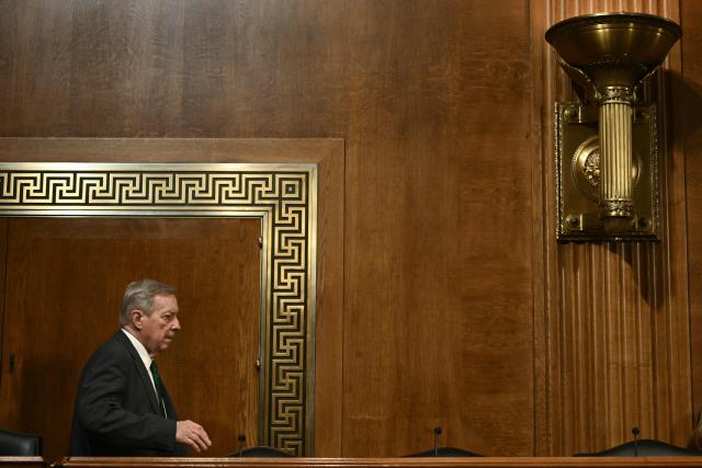 Committee ranking member US Senator Dick Durbin, Democrat from Illinois, arrives for a Senate Judiciary Committee hearing on American citizenship on Capitol Hill in Washington, DC, on March 10, 2026. (Photo by Brendan SMIALOWSKI / AFP)