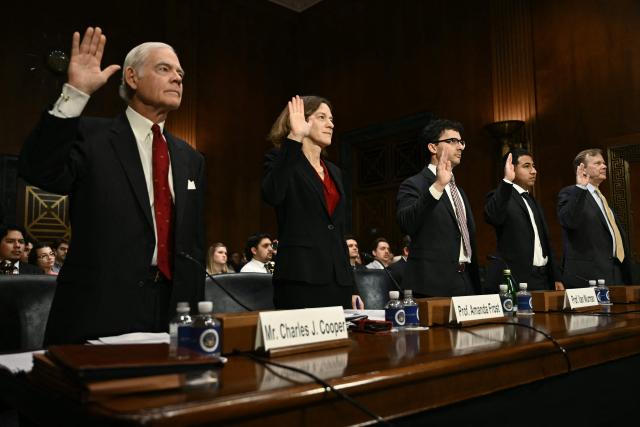 (L/R) Charles Cooper, founding partner of Cooper & Kirk PLLC, Amanda Frost, law professor at the University of Virginia, Ilan Wurman, law professor at the University of Minnesota, US Marine Corps veteran Alejandro Barranco, and Peter Schweizer, president of the Government Accountability Institute, are sworn in during a Senate Judiciary Committee hearing on American citizenship on Capitol Hill in Washington, DC, on March 10, 2026. (Photo by Brendan SMIALOWSKI / AFP)