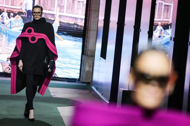 TOPSHOT - A model presents a creation for Pierre Cardin for the Women's Ready to Wear Fall/Winter 2026-2027 collection fashion show as part of the Paris Women Fashion Week, in Paris, on March 10, 2026. (Photo by Thomas SAMSON / AFP)