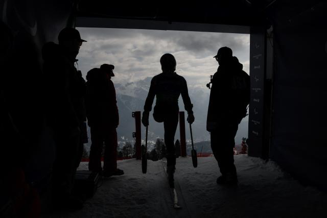 TOPSHOT - An athlete takes the start of the alpine skiing combined event during the Milano Cortina 2026 Paralympic Winter Games in Cortina d’Ampezzo on March 10, 2026. (Photo by JEFF PACHOUD / AFP)
