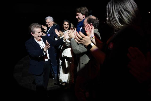 France's Socialist Party's (PS) mayoral candidate of Strasbourg Catherine Trautmann is greeted during an election campaign in Strasbourg, eastern France on March 10, 2026. (Photo by SEBASTIEN BOZON / AFP)