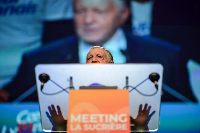 TOPSHOT - President of Business software publisher Cegid and Vice-President of French Football (FFF) Jean-Michel Aulas speaks during a campaign rally for his candidacy in the Lyon municipal elections, in Lyon, central-eastern France, on March 10, 2026. (Photo by OLIVIER CHASSIGNOLE / AFP)