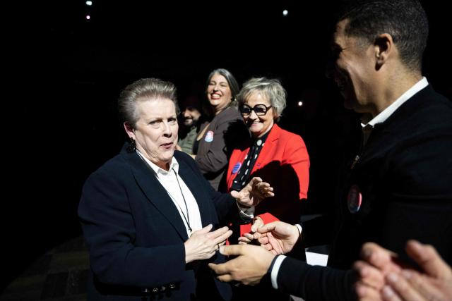 France's Socialist Party's (PS) mayoral candidate of Strasbourg Catherine Trautmann is greeted during an election campaign in Strasbourg, eastern France on March 10, 2026. (Photo by SEBASTIEN BOZON / AFP)