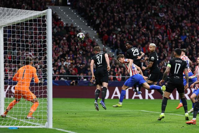 Atletico Madrid's Spanish defender #24 Robin Le Normand scores his team's fourth goal during the UEFA Champions League last 16 first leg football match between Club Atletico de Madrid and Tottenham Hotspur at Metropolitano Stadium in Madrid on March 10, 2026. (Photo by Thomas COEX / AFP)