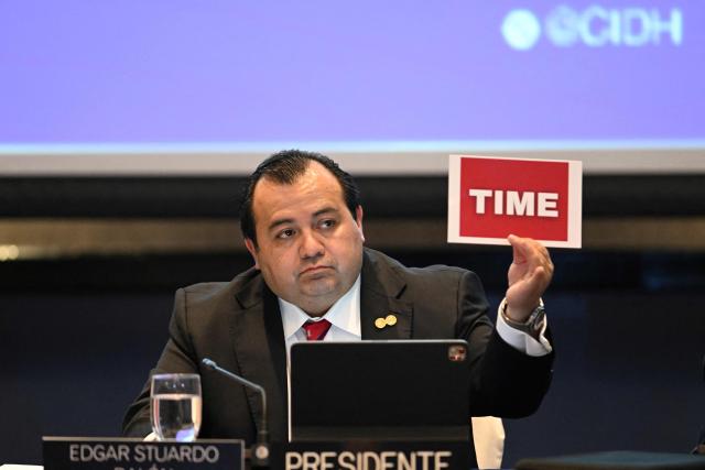 The Inter-American Commission on Human Rights Commissioner (CIDH) Edgar Stuardo Ralon speaks during a public hearing on 'Human rights defenders under the state of exception' as part of the commission's 195th period of sessions in Guatemala City on March 10, 2026. (Photo by JOHAN ORDONEZ / AFP)