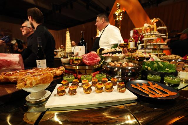 Sliders are seen at the 98th Oscars Governors Ball preview at the Ray Dolby Ballroom in Hollywood, California, on March 10, 2026. Austrian Chef Wolfgang Puck unveiled his menu for the Academy's official post Oscars celebration. (Photo by VALERIE MACON / AFP)