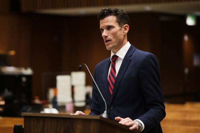 Los Angeles District Attorney Alexander Bott speaks during the arraignment for Ivanna Lisette Ortiz, accused of firing shots at Rihanna's home, at the Clara Shortridge Foltz Criminal Justice Center in Los Angeles, on March 10, 2026. Ortiz, alleged to have fired an assault rifle at the luxury Los Angeles home of Rihanna -- while the pop superstar was inside -- was being held by police on March 9, 2026. Officers in the city said shots were fired towards the mansion in the middle of day on March 8 by a suspect driving a white Tesla, which had stopped across the street. (Photo by Ethan Swope / POOL / AFP)