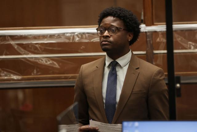 Los Angeles County Public Defender Jamarcus Bradford speaks during the arraignment for Ivanna Lisette Ortiz, accused of firing shots at Rihanna's home, at the Clara Shortridge Foltz Criminal Justice Center in Los Angeles, on March 10, 2026. Ortiz, alleged to have fired an assault rifle at the luxury Los Angeles home of Rihanna -- while the pop superstar was inside -- was being held by police on March 9, 2026. Officers in the city said shots were fired towards the mansion in the middle of day on March 8 by a suspect driving a white Tesla, which had stopped across the street. (Photo by Ethan Swope / POOL / AFP)
