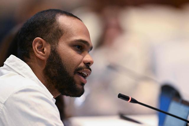 Cristhian Jimenez, a representative of Amnesty International Americas, speaks during the "Cuba: Situation of Persons Deprived of Liberty" public hearing as part of the IACHR 195th period of sessions in Guatemala City on March 10, 2026. (Photo by Johan ORDÓÑEZ / AFP)