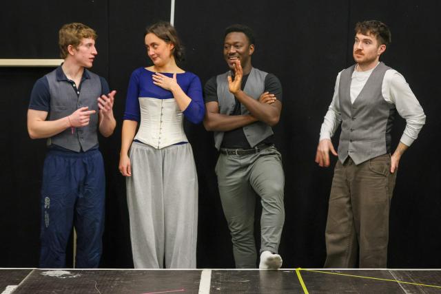 This photo taken on February 27, 2026 shows drama students rehearsing at the Lir Academy in Dublin. When the envelopes are opened at the Academy Awards in Los Angeles, one of the few guarantees is that actors from Ireland -- population just over five million -- are increasingly likely to be in the frame. Performers from the Emerald Isle have become regular fixtures on Oscar shortlists in recent years, with wins, nominations and breakout performances. (Photo by Paul Faith / AFP) / TO GO WITH Entertainment-US-film-Oscars-Ireland,FOCUS by Peter MURPHY