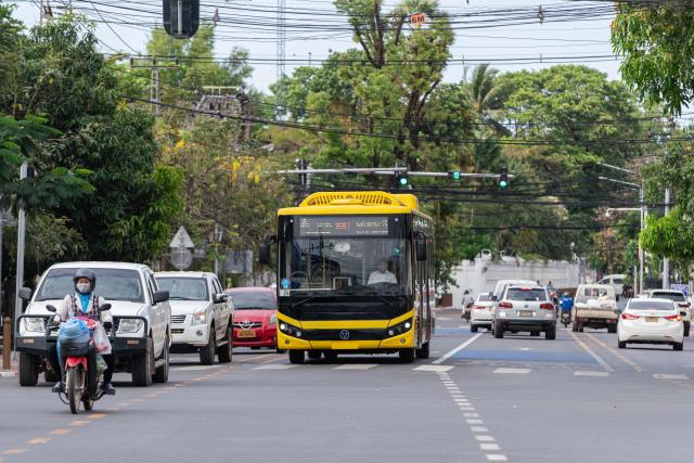 A Bus Rapid Transit (BRT) vehicle arrives at Talat Sao station in Vientiane on March 10, 2026, as the public transportation system resumes in the Lao capital. (Photo by AFP)