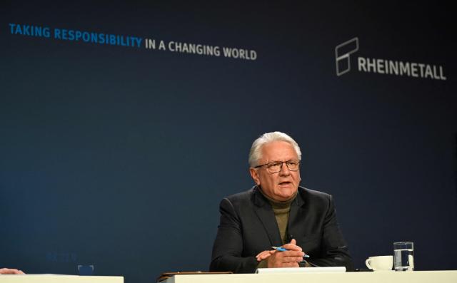 The CEO of German automotive and arms manufacturer Rheinmetall Armin Papperger attends a virtual press conference to present the company's 2025 annual results at the company's headquarters in Duesseldorf, western Germany, on March 11, 2026. (Photo by INA FASSBENDER / AFP)