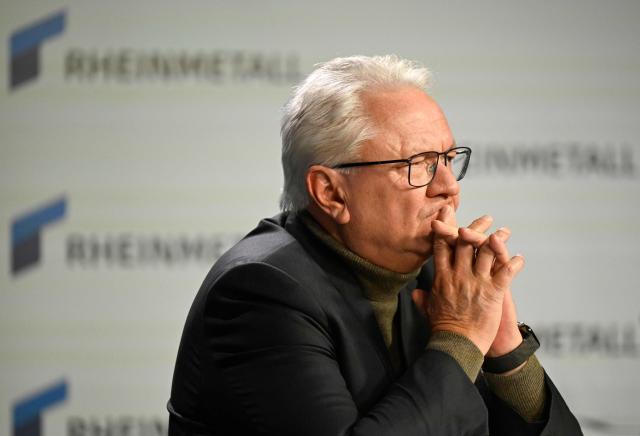 The CEO of German automotive and arms manufacturer Rheinmetall Armin Papperger attends a virtual press conference to present the company's 2025 annual results at the company's headquarters in Duesseldorf, western Germany, on March 11, 2026. (Photo by INA FASSBENDER / AFP)