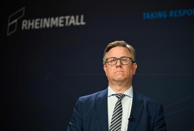 The CFO of German automotive and arms manufacturer Rheinmetall Klaus Neumann attends a virtual press conference to present the company's 2025 annual results at the company's headquarters in Duesseldorf, western Germany, on March 11, 2026. (Photo by INA FASSBENDER / AFP)