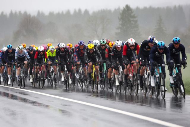 The pack rides during the 4th stage of the Paris-Nice cycling race, 195 km between Bourges and Uchon, on March 11, 2026. (Photo by Anne-Christine POUJOULAT / AFP)